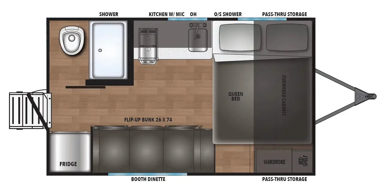 The Northern Spirit DLX & Compact 160BH floorplan has one entry and zero slide outs. Exterior features include: metal exterior. Interiors features include: bunk beds and front bedroom.